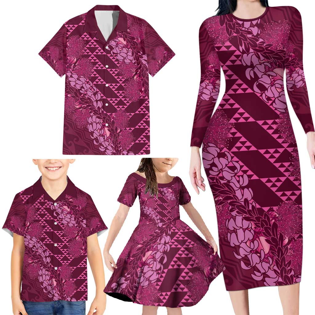 Pink Aloha Hawaii Family Matching Long Sleeve Bodycon Dress and Hawaiian Shirt Hawaiian Kakau Ohia Lehua Lei LT14 - Polynesian Pride