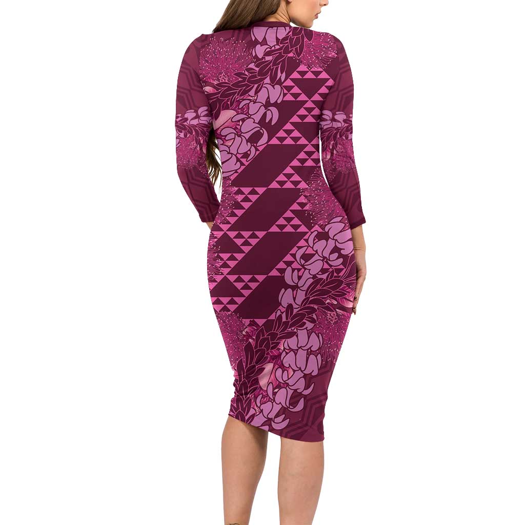 Pink Aloha Hawaii Family Matching Long Sleeve Bodycon Dress and Hawaiian Shirt Hawaiian Kakau Ohia Lehua Lei - Polynesian Pride