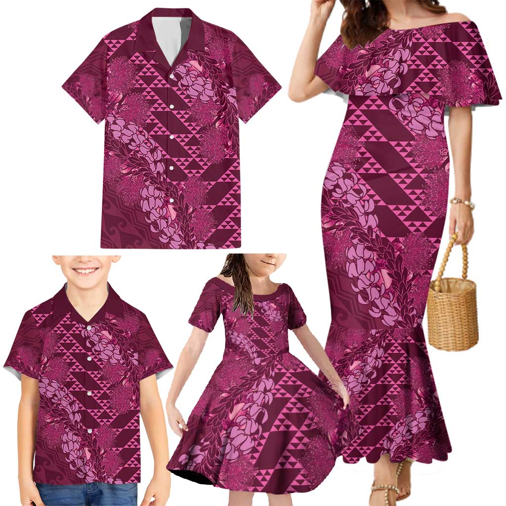 Pink Aloha Hawaii Family Matching Mermaid Dress and Hawaiian Shirt Hawaiian Kakau Ohia Lehua Lei LT14 - Polynesian Pride