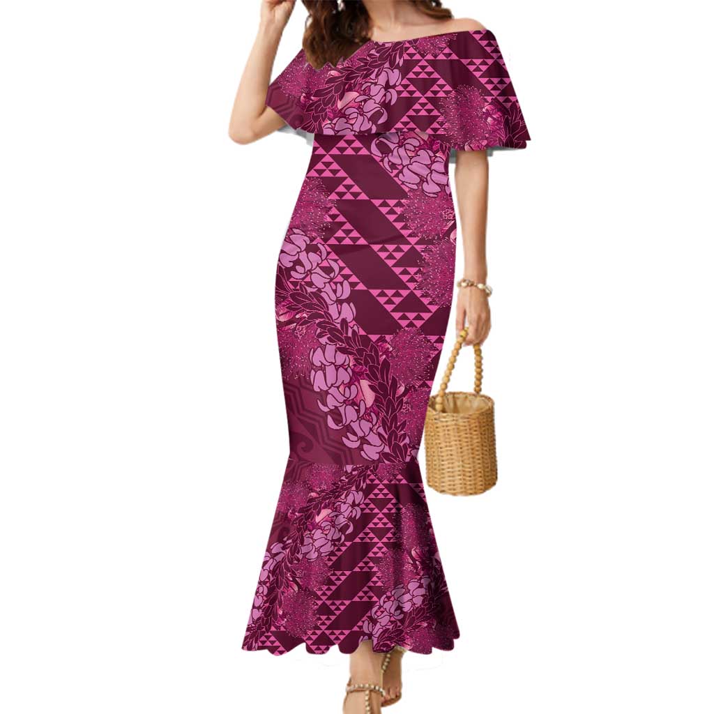 Pink Aloha Hawaii Family Matching Mermaid Dress and Hawaiian Shirt Hawaiian Kakau Ohia Lehua Lei - Polynesian Pride
