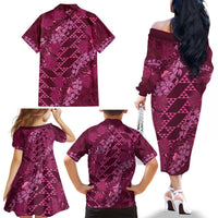 Pink Aloha Hawaii Family Matching Off The Shoulder Long Sleeve Dress and Hawaiian Shirt Hawaiian Kakau Ohia Lehua Lei - Polynesian Pride