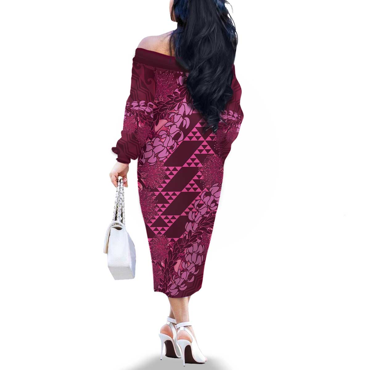 Pink Aloha Hawaii Family Matching Off The Shoulder Long Sleeve Dress and Hawaiian Shirt Hawaiian Kakau Ohia Lehua Lei - Polynesian Pride