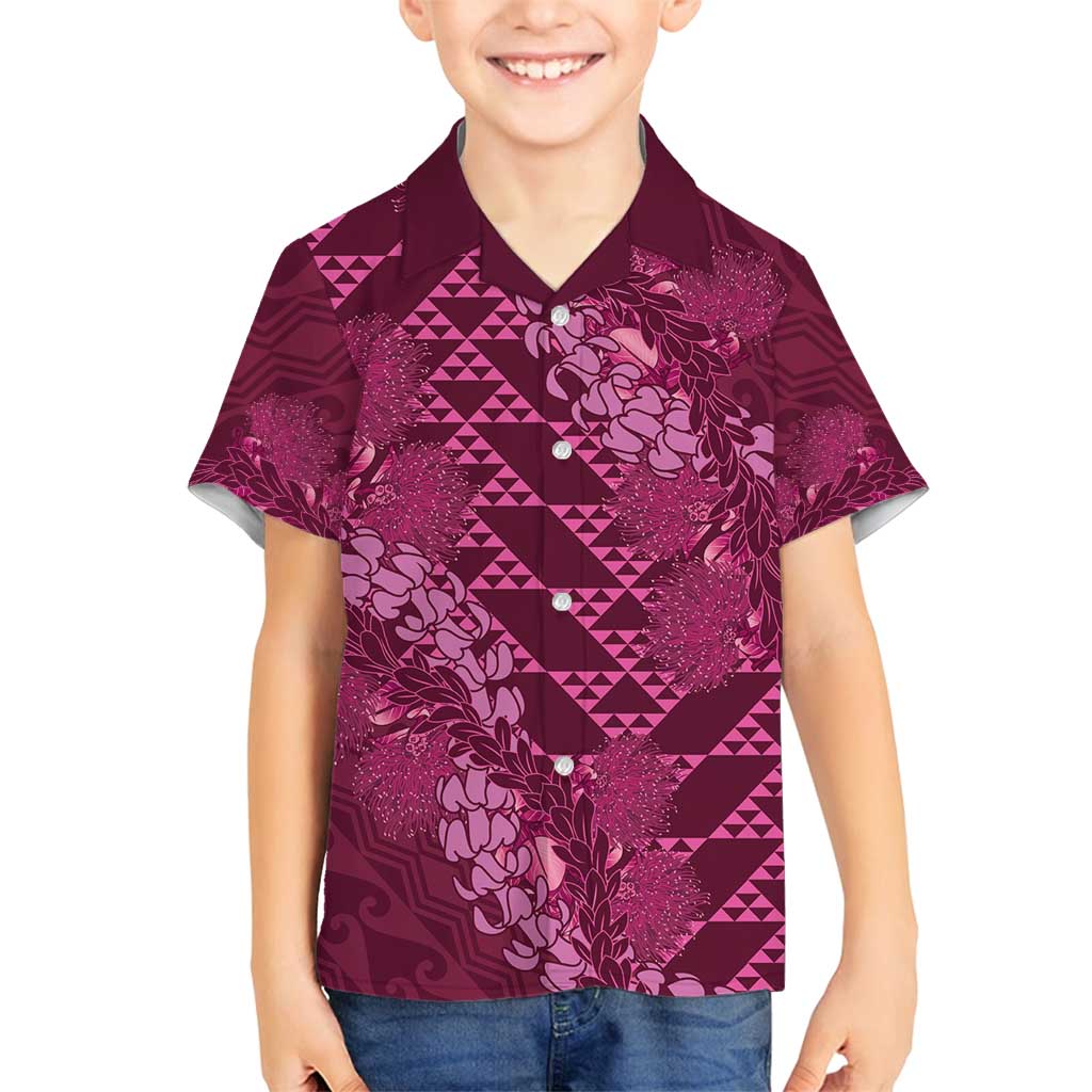Pink Aloha Hawaii Family Matching Off Shoulder Maxi Dress and Hawaiian Shirt Hawaiian Kakau Ohia Lehua Lei - Polynesian Pride
