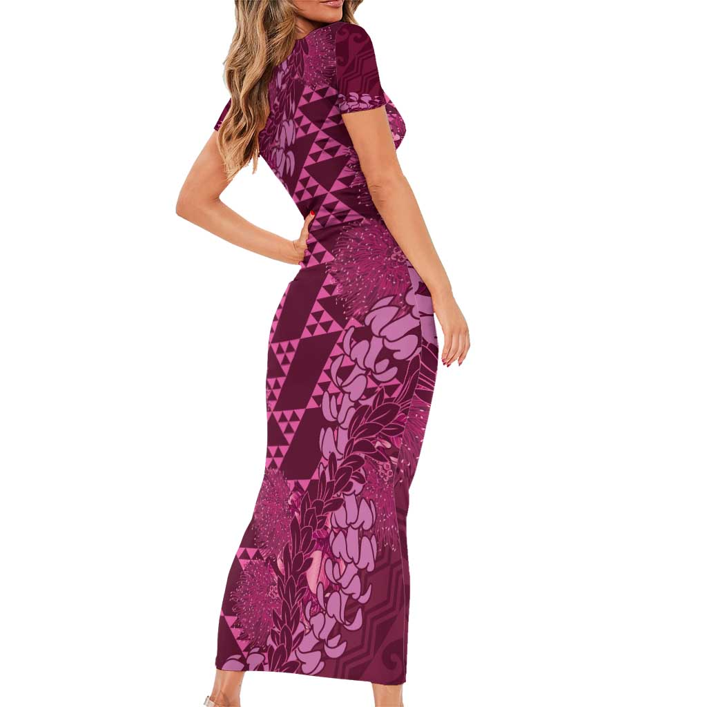 Pink Aloha Hawaii Family Matching Short Sleeve Bodycon Dress and Hawaiian Shirt Hawaiian Kakau Ohia Lehua Lei - Polynesian Pride