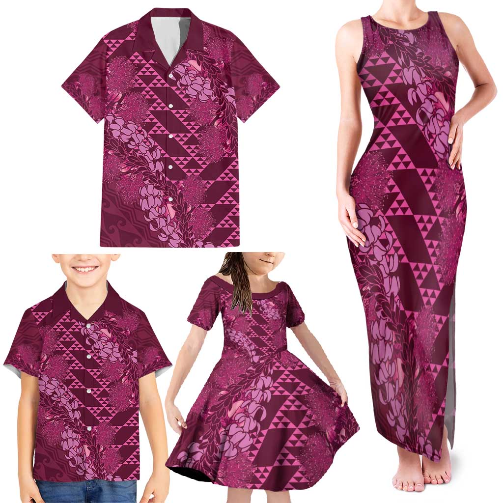 Pink Aloha Hawaii Family Matching Tank Maxi Dress and Hawaiian Shirt Hawaiian Kakau Ohia Lehua Lei LT14 - Polynesian Pride