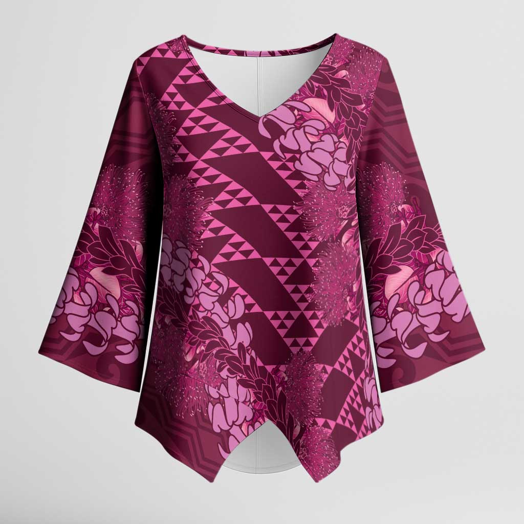 Pink Aloha Hawaii Kimono Sleeve Blouse Hawaiian Kakau Ohia Lehua Lei - Polynesian Pride