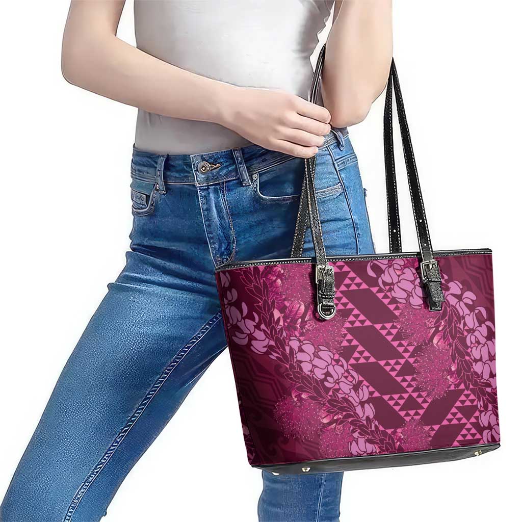 Pink Aloha Hawaii Leather Tote Bag Hawaiian Kakau Ohia Lehua Lei - Polynesian Pride
