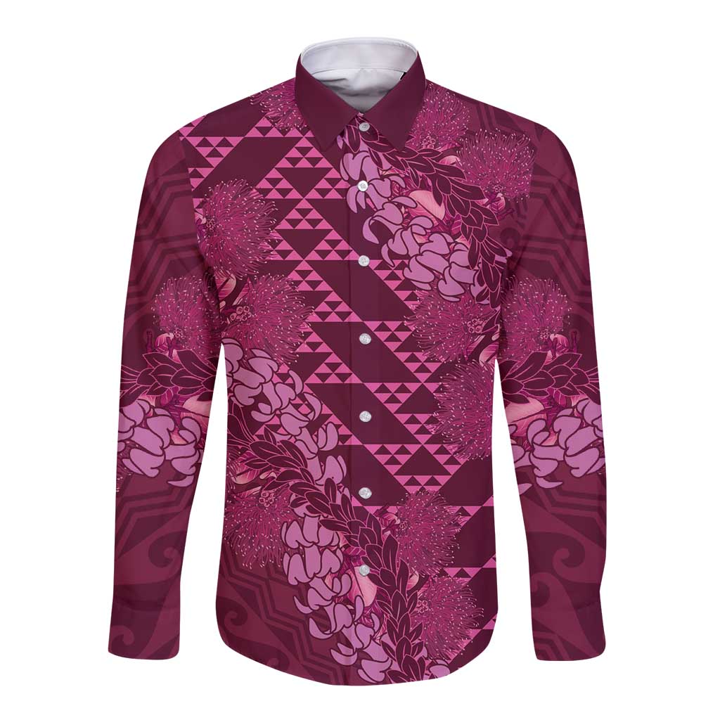 Pink Aloha Hawaii Long Sleeve Button Shirt Hawaiian Kakau Ohia Lehua Lei LT14 Unisex Pink - Polynesian Pride