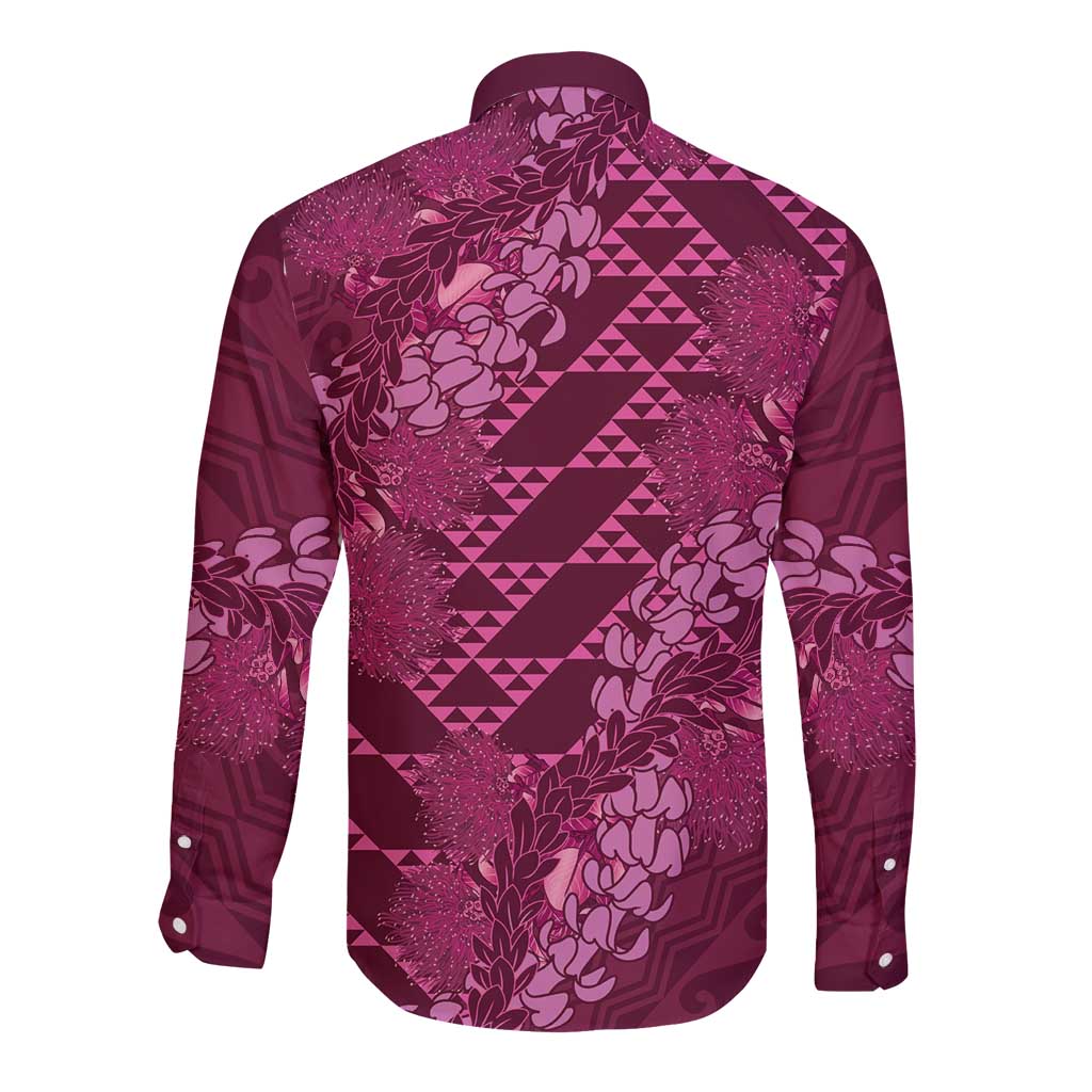 Pink Aloha Hawaii Long Sleeve Button Shirt Hawaiian Kakau Ohia Lehua Lei LT14 - Polynesian Pride