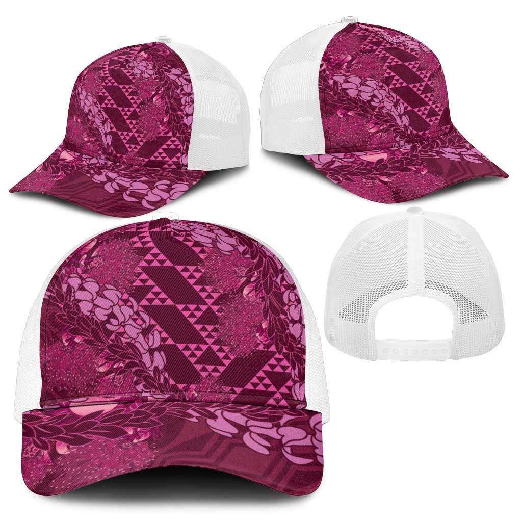 Pink Aloha Hawaii Mesh Trucker Cap Hawaiian Kakau Ohia Lehua Lei - Polynesian Pride
