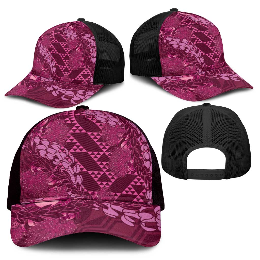 Pink Aloha Hawaii Mesh Trucker Cap Hawaiian Kakau Ohia Lehua Lei - Polynesian Pride