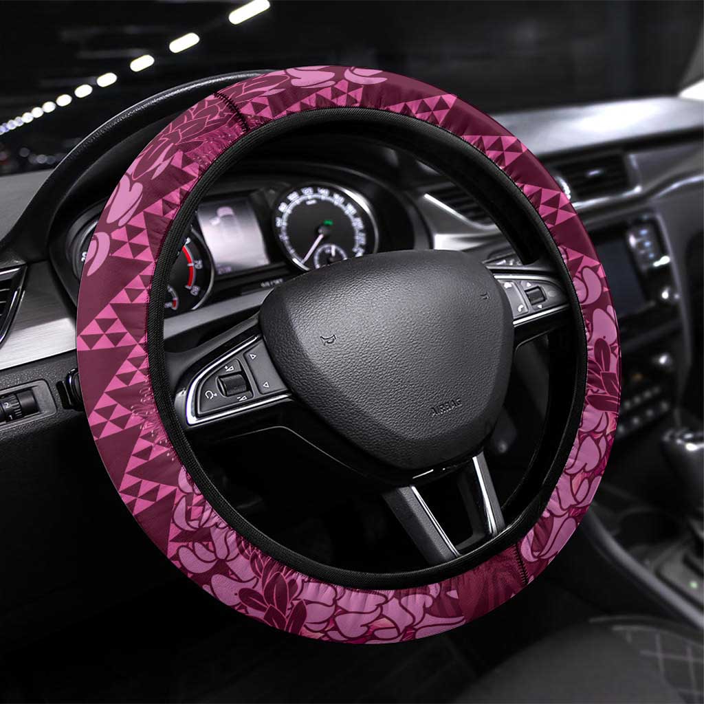 Pink Aloha Hawaii Steering Wheel Cover Hawaiian Kakau Ohia Lehua Lei - Polynesian Pride