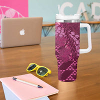 Pink Aloha Hawaii Tumbler With Handle Hawaiian Kakau Ohia Lehua Lei - Polynesian Pride