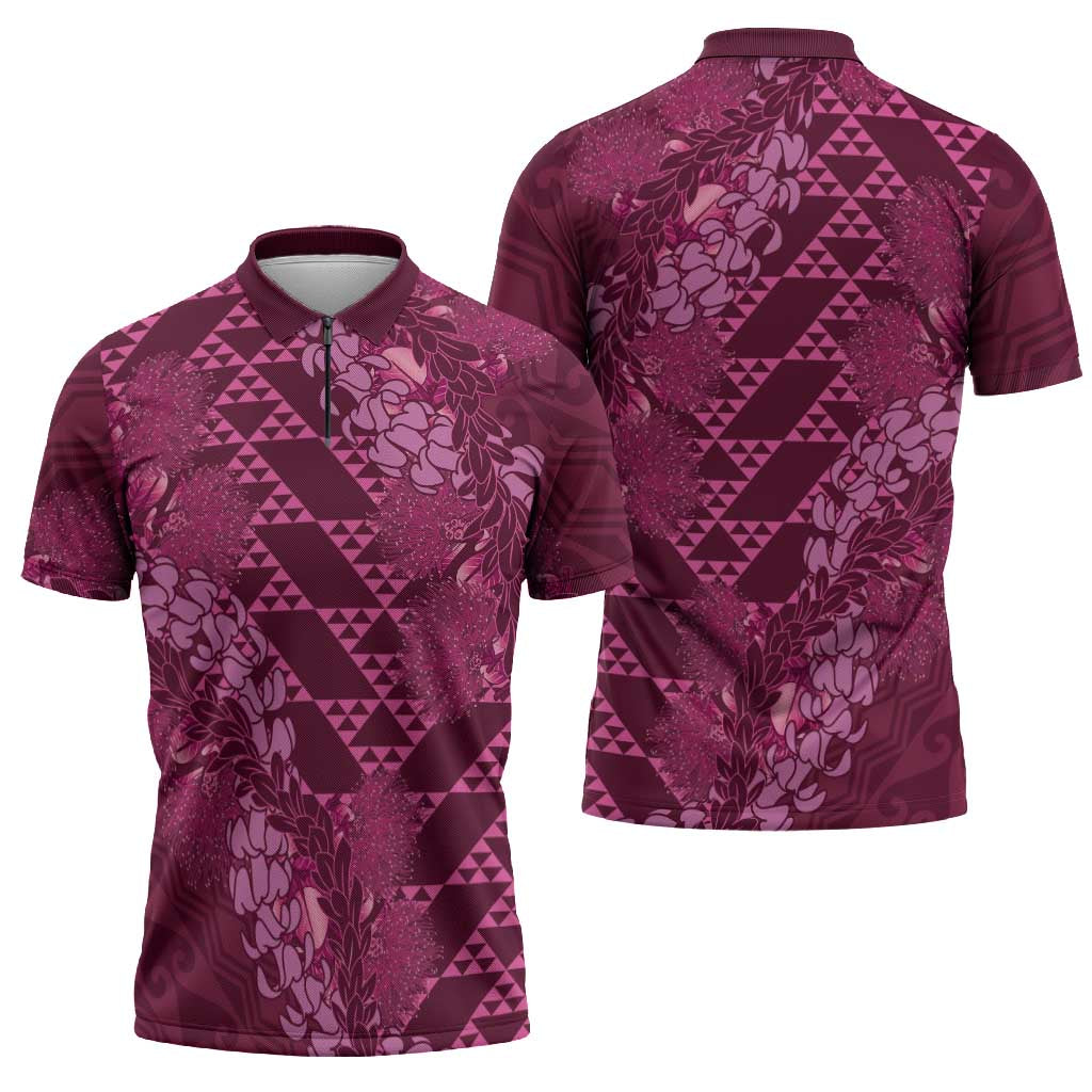 Pink Aloha Hawaii Zipper Polo Shirt Hawaiian Kakau Ohia Lehua Lei - Polynesian Pride