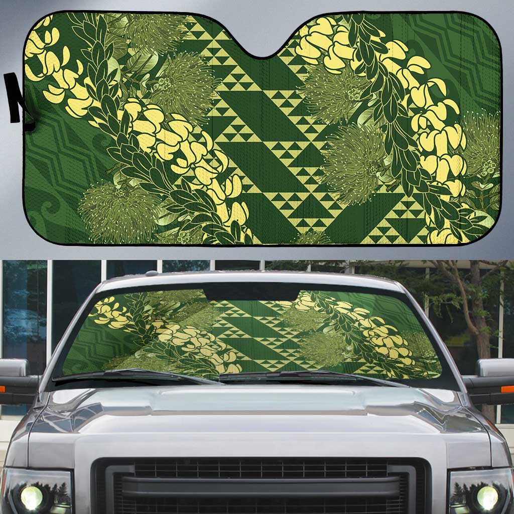 Green Aloha Hawaii Auto Sun Shade Hawaiian Kakau Ohia Lehua Lei LT14 Green - Polynesian Pride