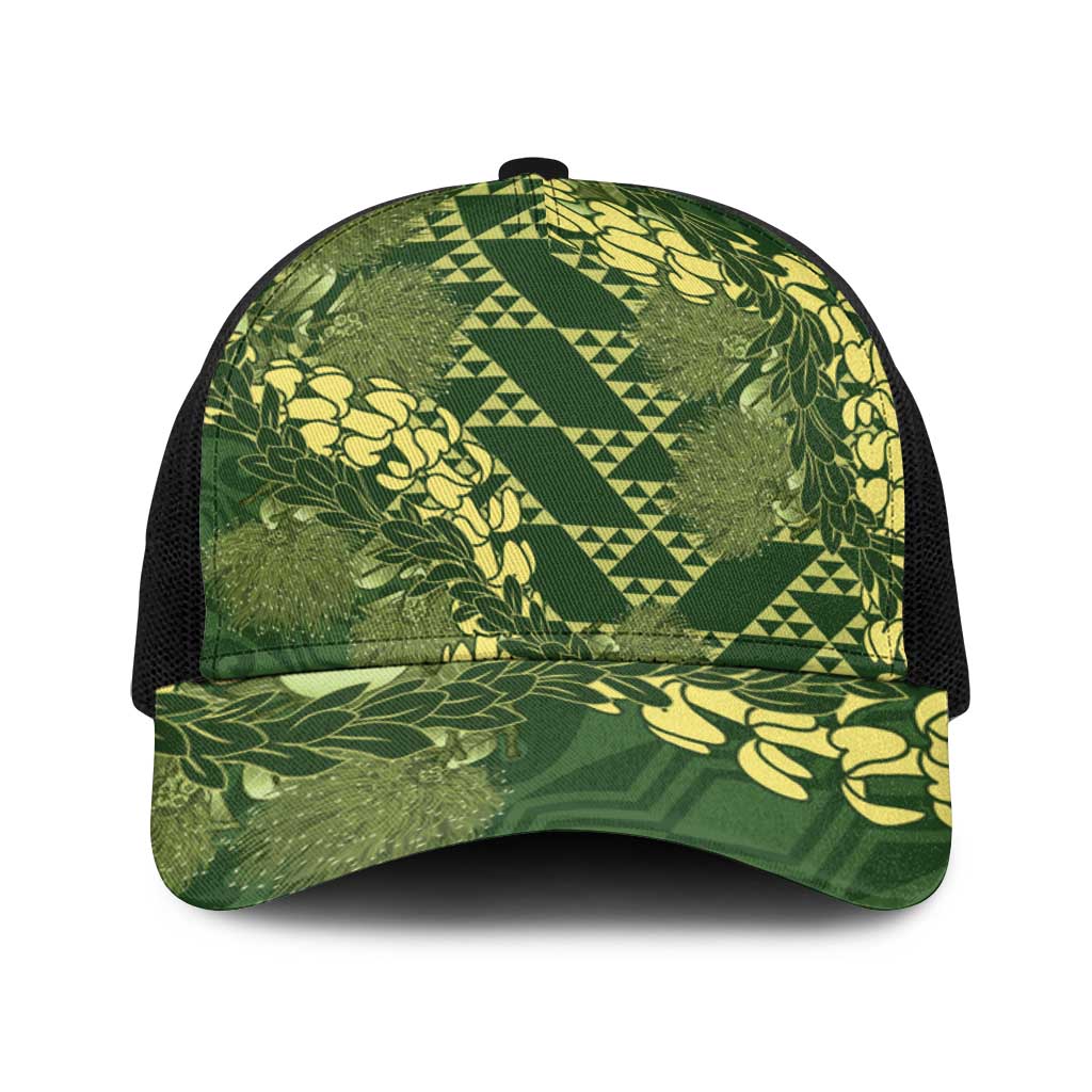 Green Aloha Hawaii Baseball Net Cap Hawaiian Kakau Ohia Lehua Lei - Polynesian Pride