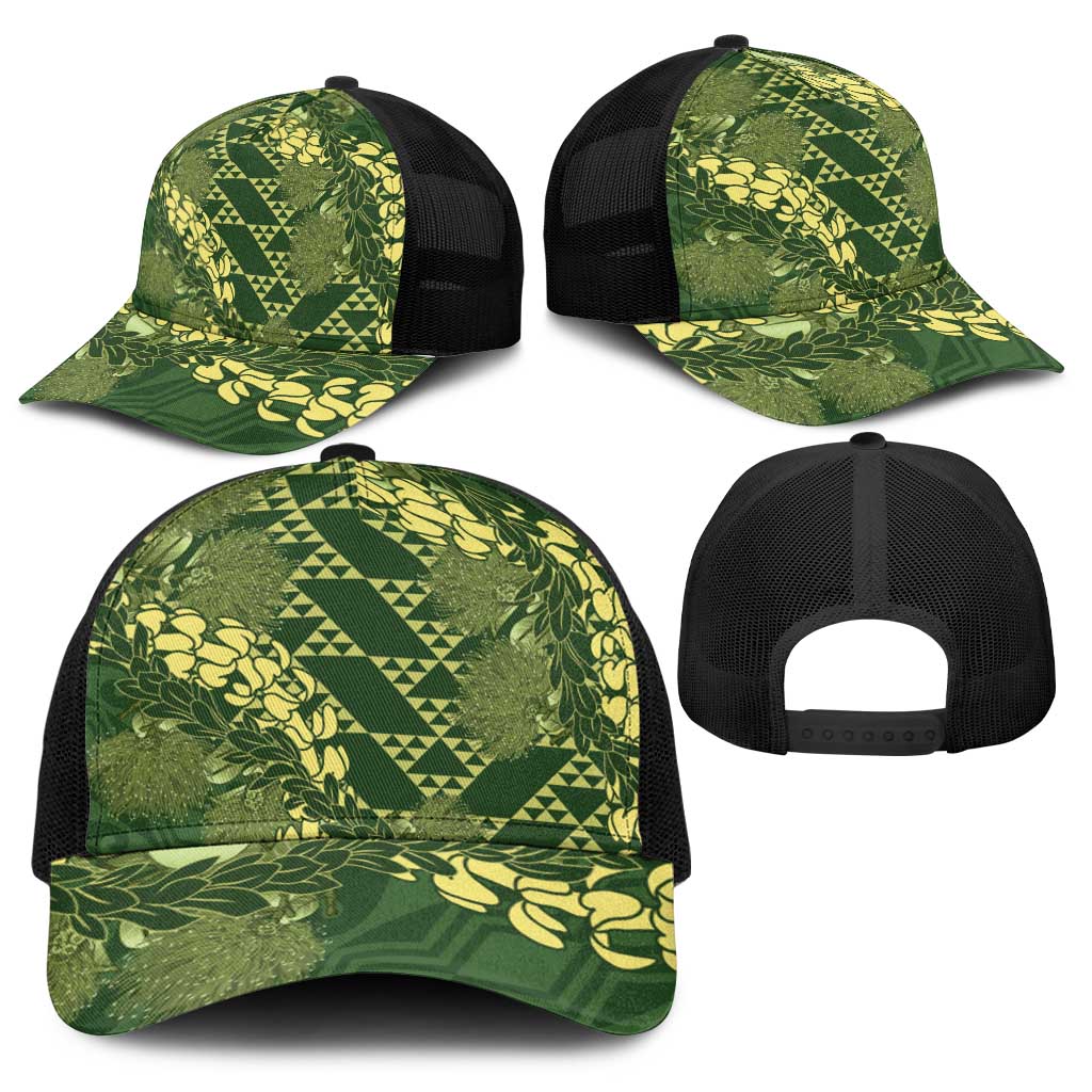 Green Aloha Hawaii Baseball Net Cap Hawaiian Kakau Ohia Lehua Lei - Polynesian Pride