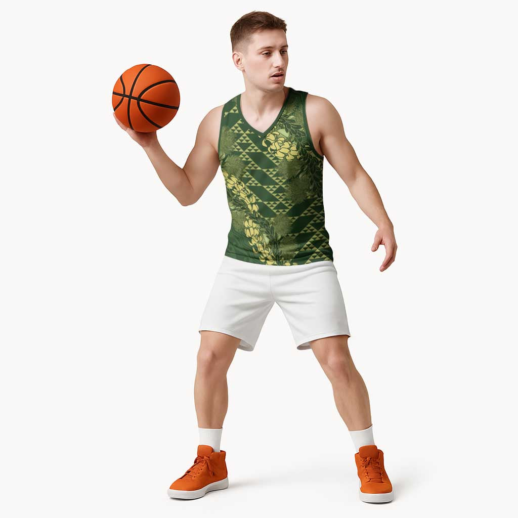 Green Aloha Hawaii Basketball Jersey Hawaiian Kakau Ohia Lehua Lei - Polynesian Pride