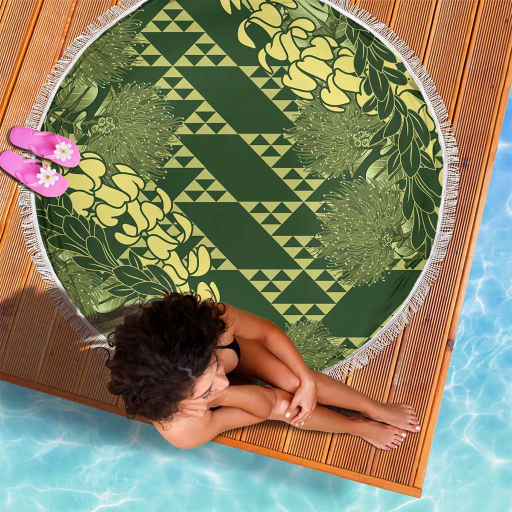 Green Aloha Hawaii Beach Blanket Hawaiian Kakau Ohia Lehua Lei LT14 - Polynesian Pride