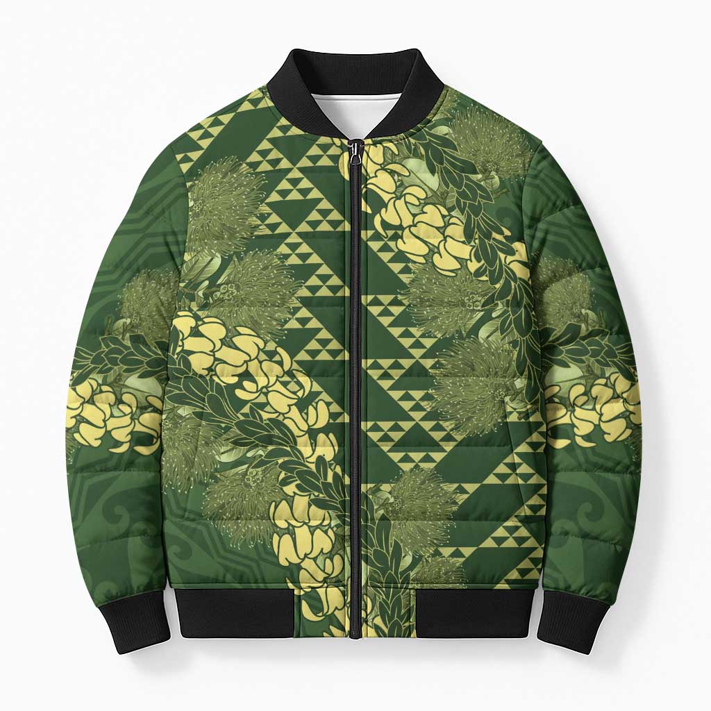Green Aloha Hawaii Bomber Puffer Jacket Hawaiian Kakau Ohia Lehua Lei LT14 Green - Polynesian Pride