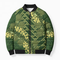 Green Aloha Hawaii Bomber Puffer Jacket Hawaiian Kakau Ohia Lehua Lei LT14 Green - Polynesian Pride