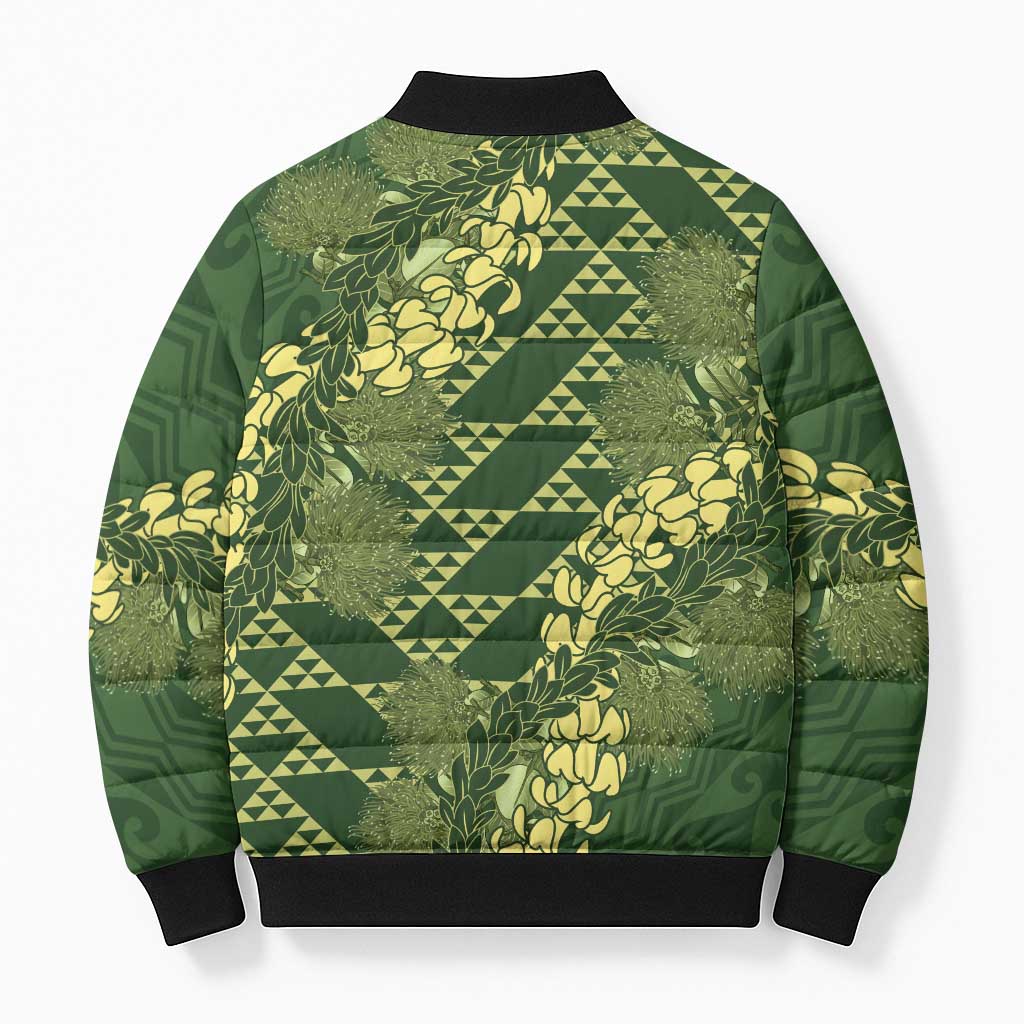 Green Aloha Hawaii Bomber Puffer Jacket Hawaiian Kakau Ohia Lehua Lei LT14 - Polynesian Pride