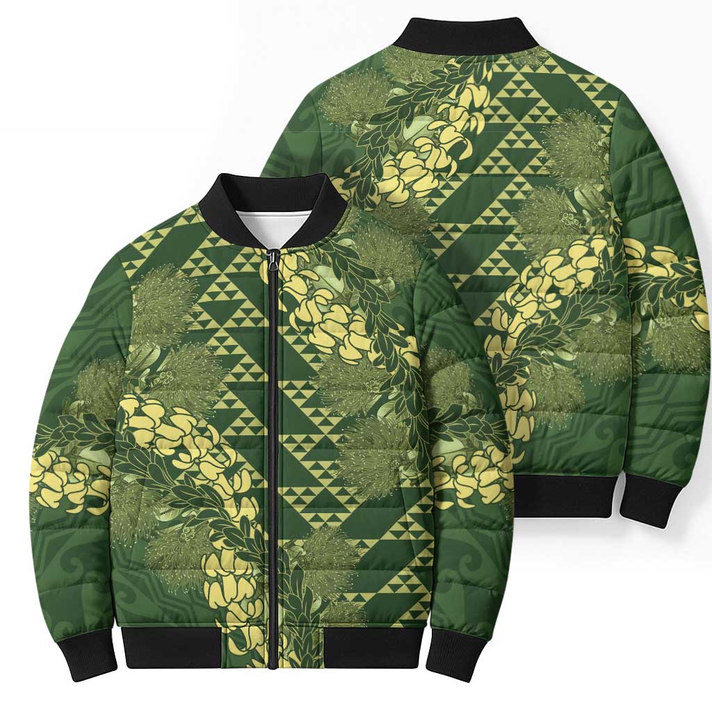 Green Aloha Hawaii Bomber Puffer Jacket Hawaiian Kakau Ohia Lehua Lei LT14 - Polynesian Pride