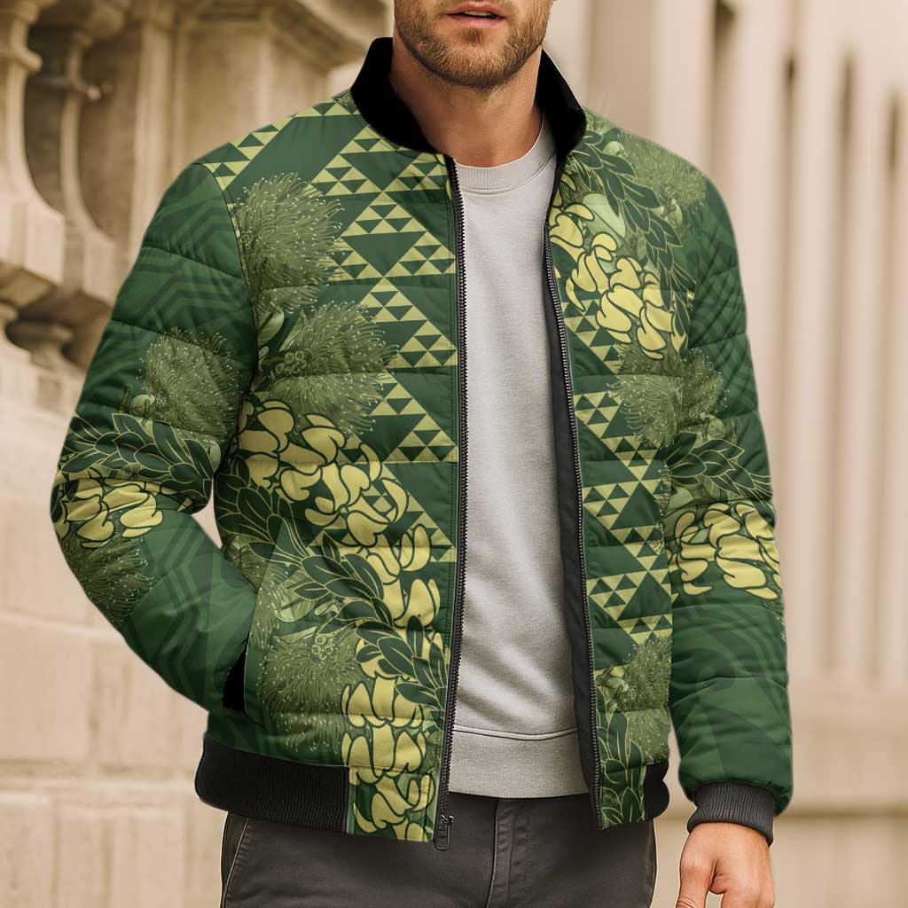 Green Aloha Hawaii Bomber Puffer Jacket Hawaiian Kakau Ohia Lehua Lei LT14 - Polynesian Pride