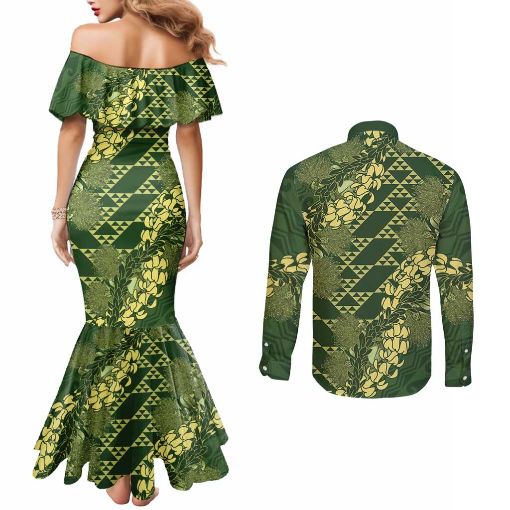Green Aloha Hawaii Couples Matching Mermaid Dress and Long Sleeve Button Shirt Hawaiian Kakau Ohia Lehua Lei - Polynesian Pride