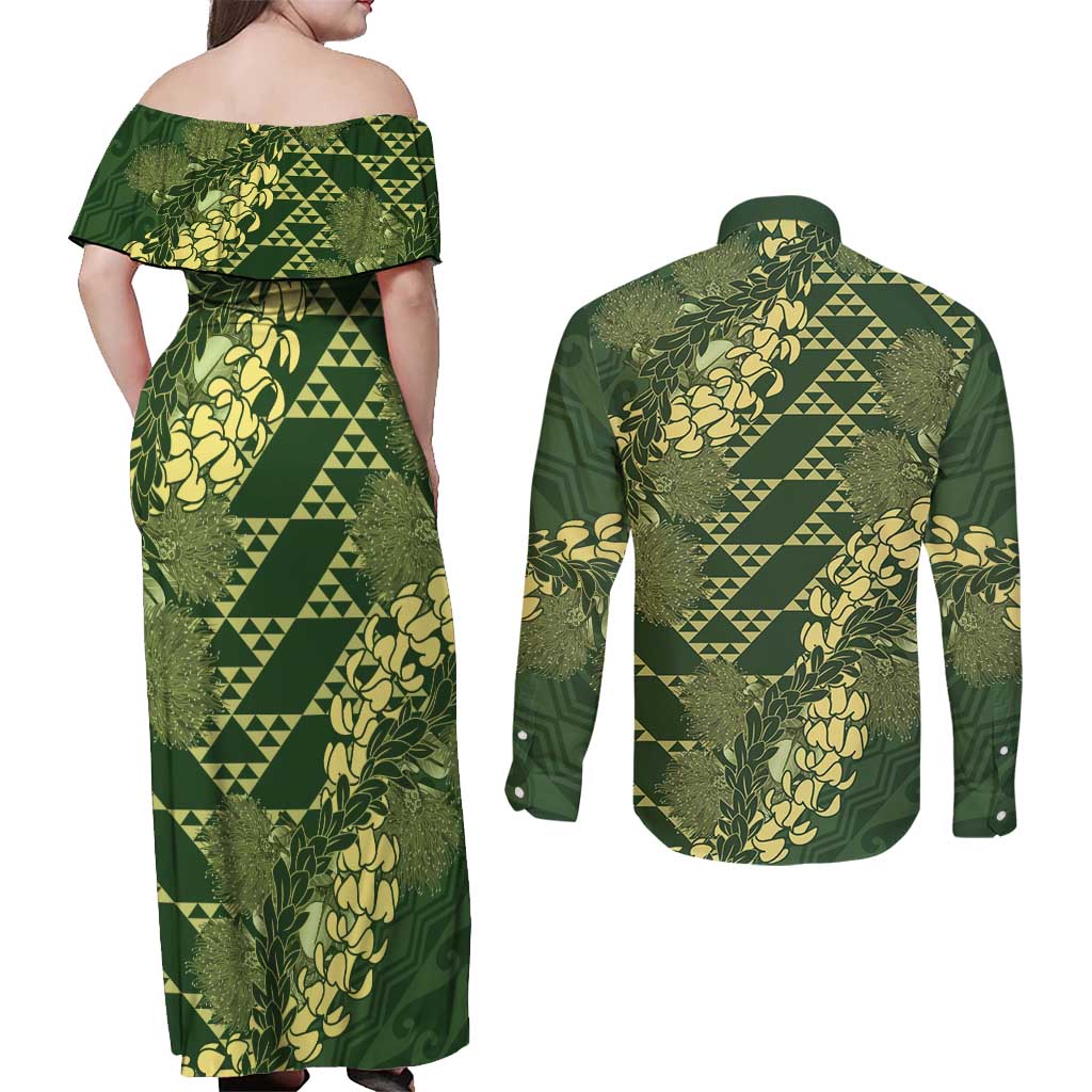 Green Aloha Hawaii Couples Matching Off Shoulder Maxi Dress and Long Sleeve Button Shirt Hawaiian Kakau Ohia Lehua Lei - Polynesian Pride