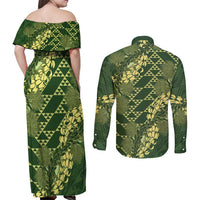 Green Aloha Hawaii Couples Matching Off Shoulder Maxi Dress and Long Sleeve Button Shirt Hawaiian Kakau Ohia Lehua Lei - Polynesian Pride