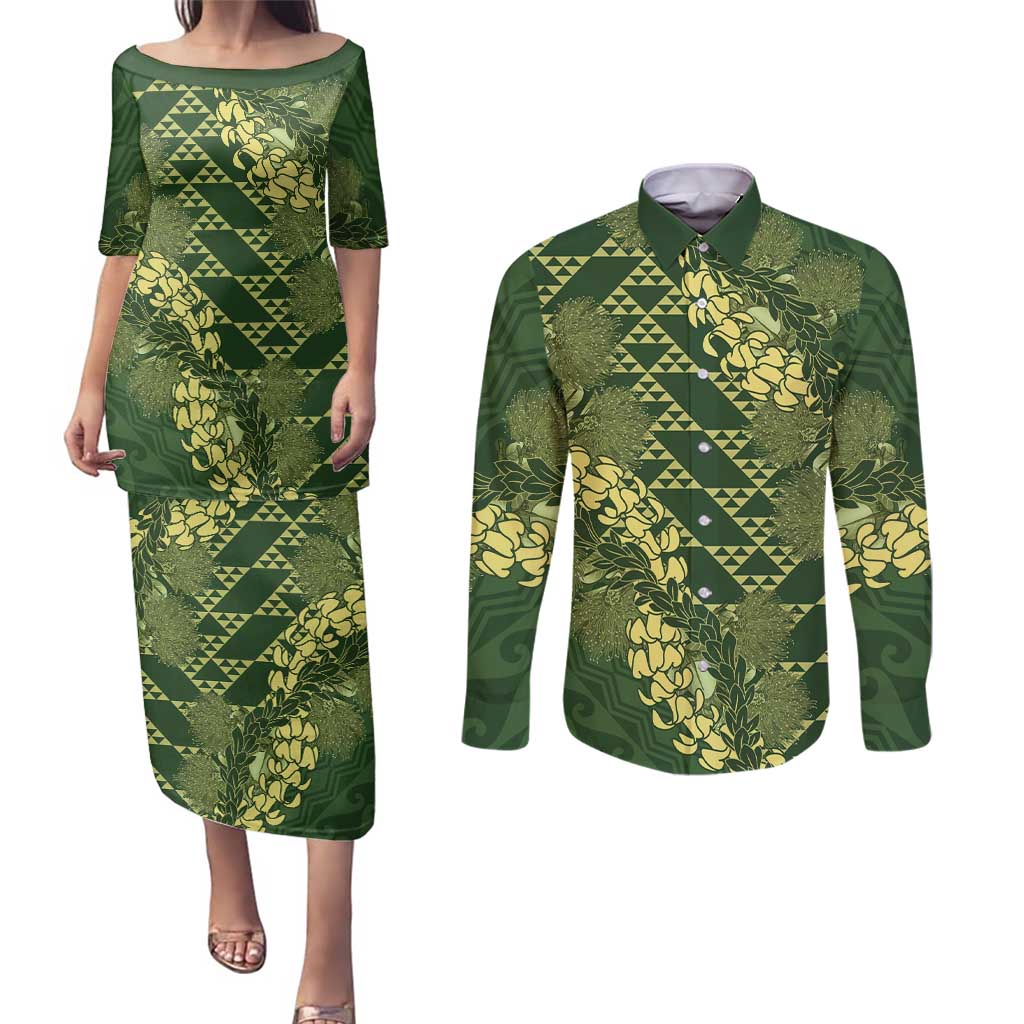 Green Aloha Hawaii Couples Matching Puletasi and Long Sleeve Button Shirt Hawaiian Kakau Ohia Lehua Lei LT14 Green - Polynesian Pride