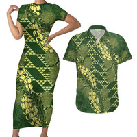 Green Aloha Hawaii Couples Matching Short Sleeve Bodycon Dress and Hawaiian Shirt Hawaiian Kakau Ohia Lehua Lei - Polynesian Pride
