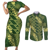 Green Aloha Hawaii Couples Matching Short Sleeve Bodycon Dress and Long Sleeve Button Shirt Hawaiian Kakau Ohia Lehua Lei - Polynesian Pride