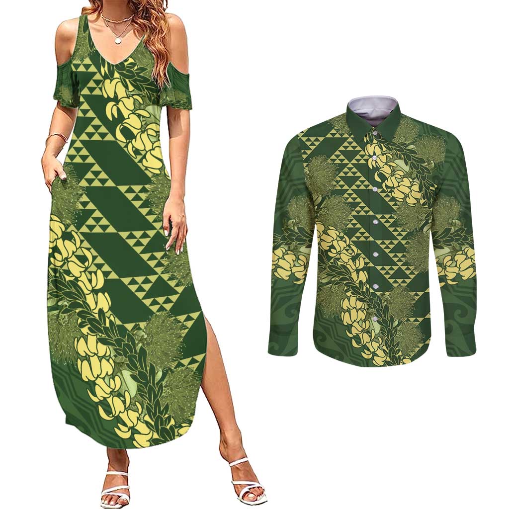 Green Aloha Hawaii Couples Matching Summer Maxi Dress and Long Sleeve Button Shirt Hawaiian Kakau Ohia Lehua Lei - Polynesian Pride
