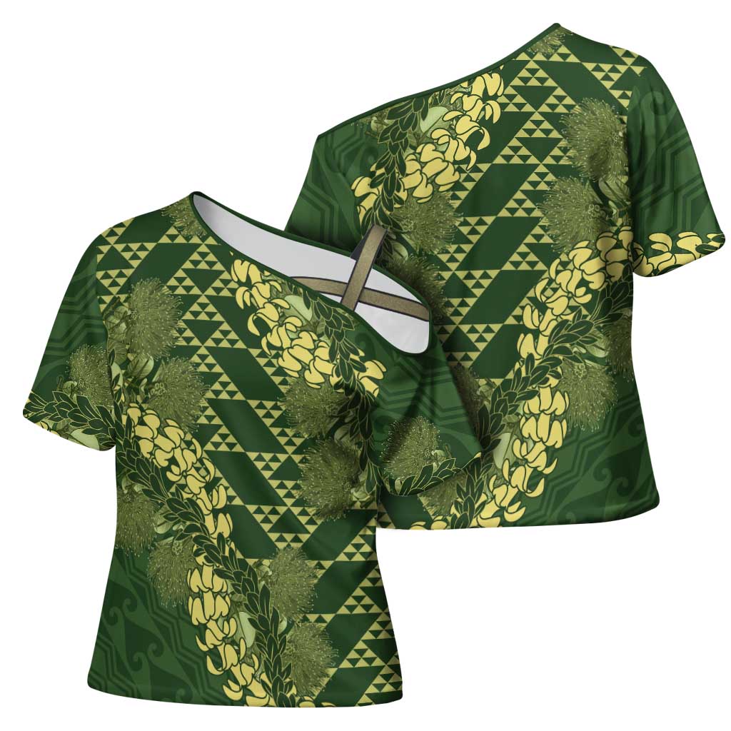Green Aloha Hawaii Cross Shoulder Shirt Hawaiian Kakau Ohia Lehua Lei - Polynesian Pride