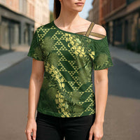 Green Aloha Hawaii Cross Shoulder Shirt Hawaiian Kakau Ohia Lehua Lei - Polynesian Pride