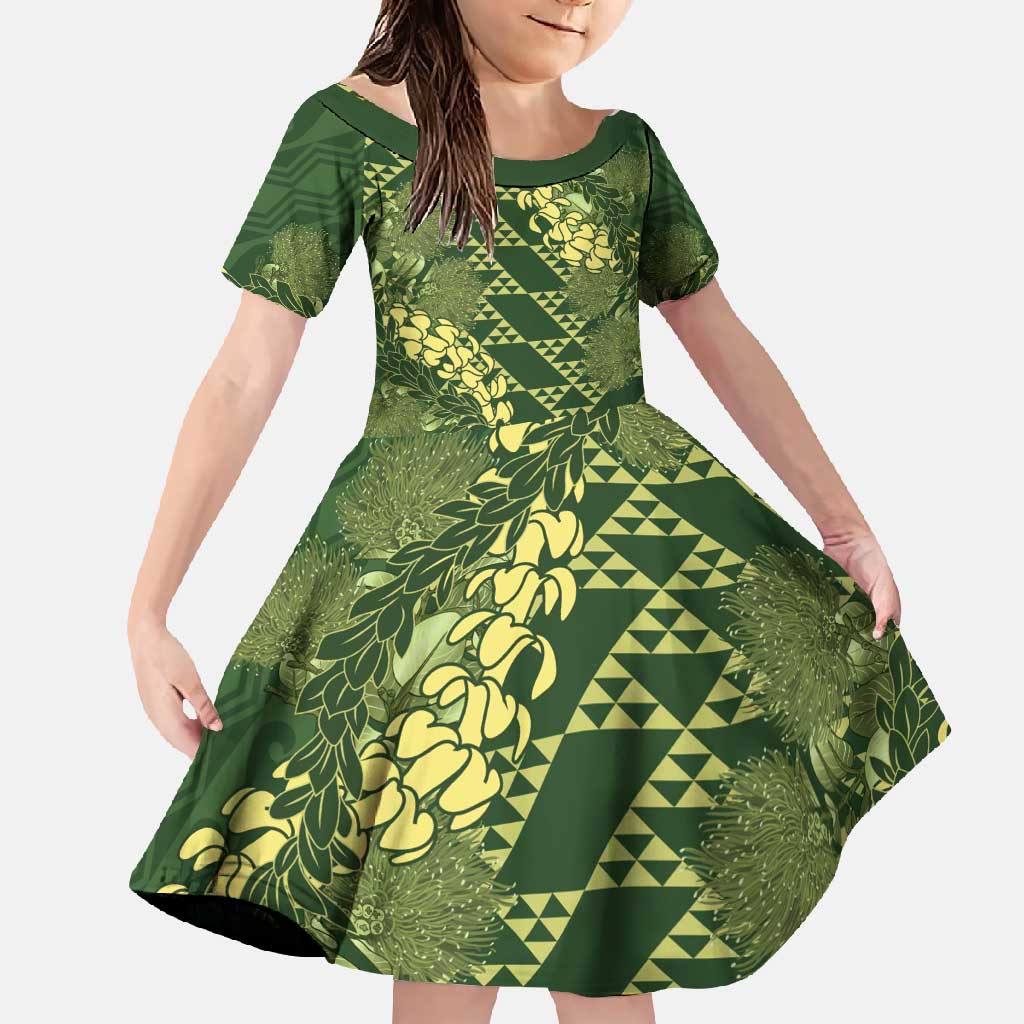Green Aloha Hawaii Family Matching Long Sleeve Bodycon Dress and Hawaiian Shirt Hawaiian Kakau Ohia Lehua Lei - Polynesian Pride