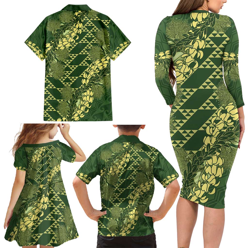 Green Aloha Hawaii Family Matching Long Sleeve Bodycon Dress and Hawaiian Shirt Hawaiian Kakau Ohia Lehua Lei - Polynesian Pride