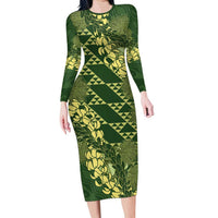 Green Aloha Hawaii Family Matching Long Sleeve Bodycon Dress and Hawaiian Shirt Hawaiian Kakau Ohia Lehua Lei - Polynesian Pride