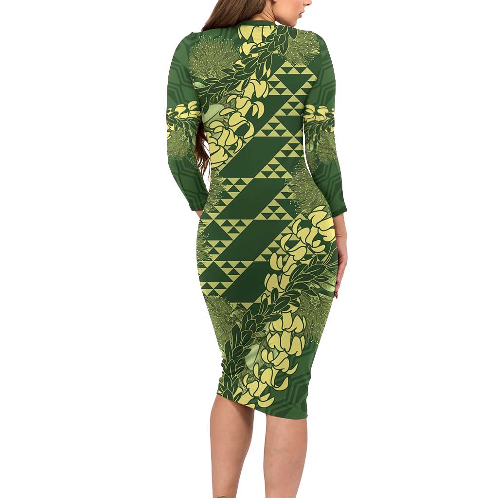 Green Aloha Hawaii Family Matching Long Sleeve Bodycon Dress and Hawaiian Shirt Hawaiian Kakau Ohia Lehua Lei - Polynesian Pride
