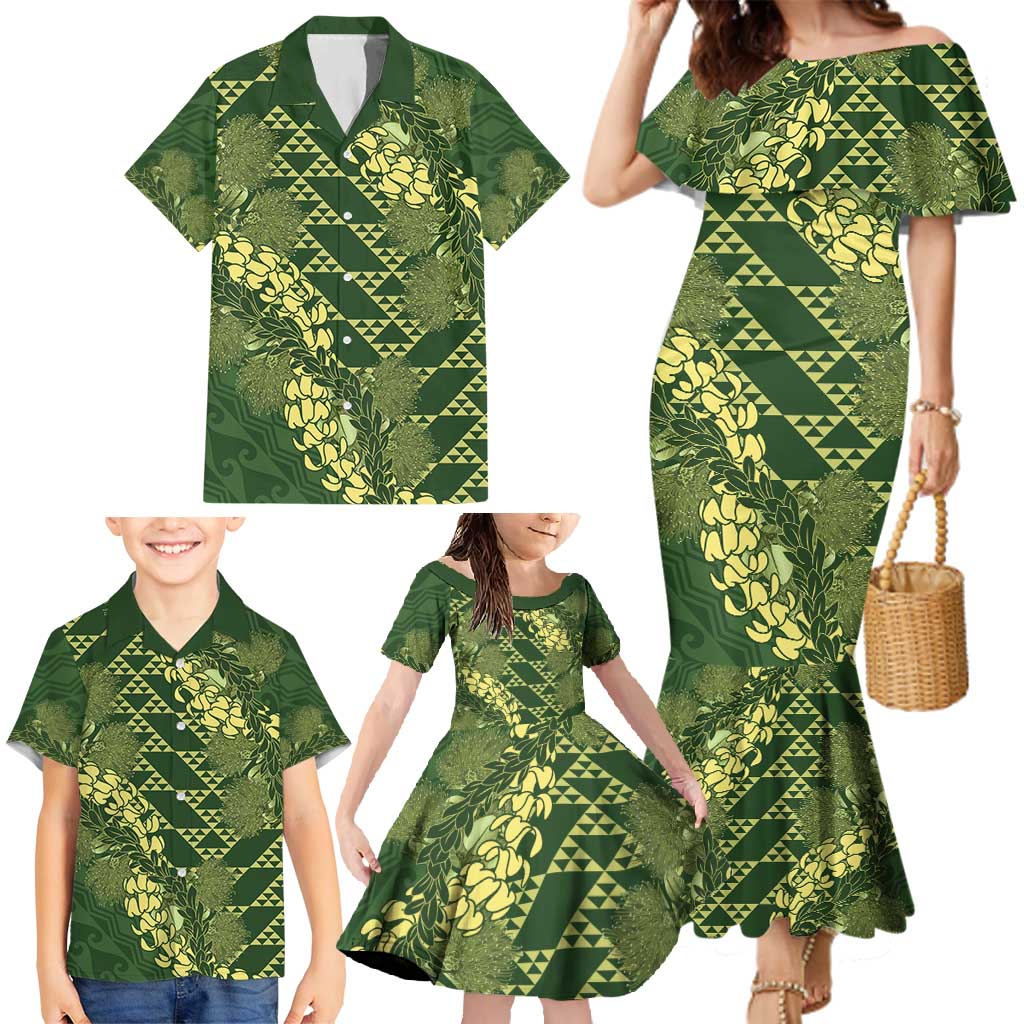 Green Aloha Hawaii Family Matching Mermaid Dress and Hawaiian Shirt Hawaiian Kakau Ohia Lehua Lei - Polynesian Pride