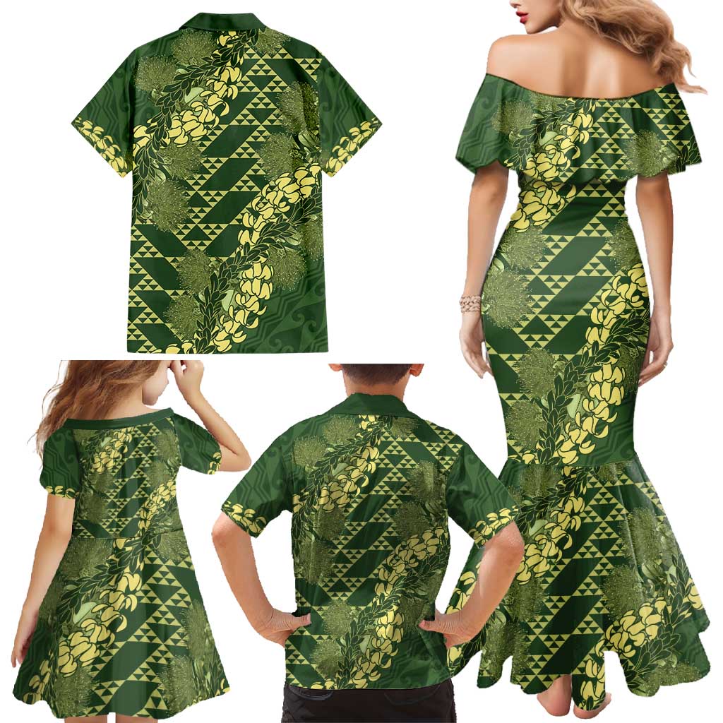 Green Aloha Hawaii Family Matching Mermaid Dress and Hawaiian Shirt Hawaiian Kakau Ohia Lehua Lei - Polynesian Pride