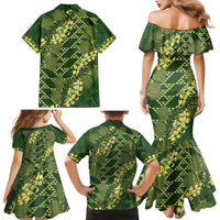 Green Aloha Hawaii Family Matching Mermaid Dress and Hawaiian Shirt Hawaiian Kakau Ohia Lehua Lei - Polynesian Pride