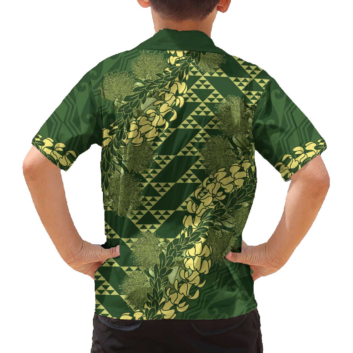 Green Aloha Hawaii Family Matching Off The Shoulder Long Sleeve Dress and Hawaiian Shirt Hawaiian Kakau Ohia Lehua Lei - Polynesian Pride