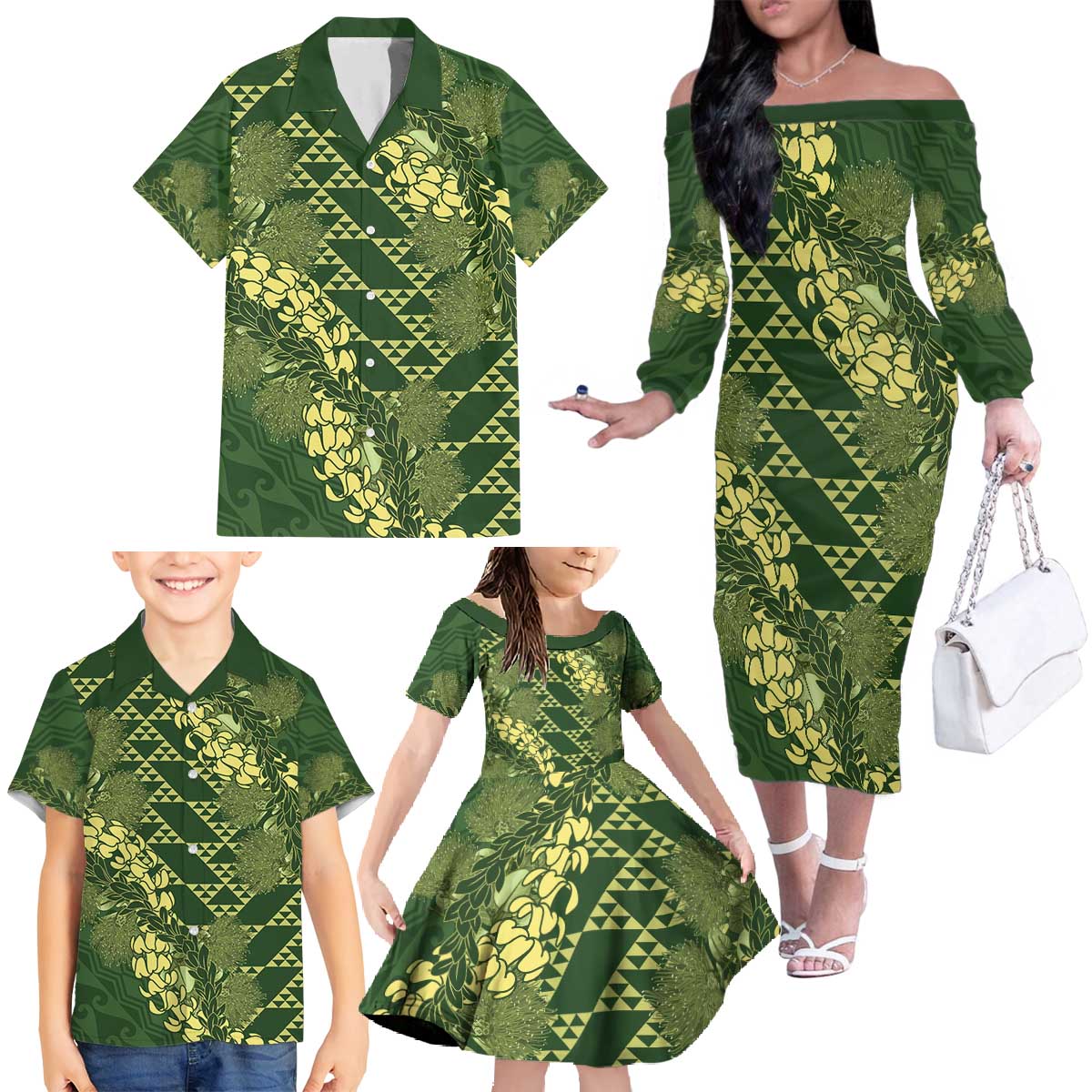 Green Aloha Hawaii Family Matching Off The Shoulder Long Sleeve Dress and Hawaiian Shirt Hawaiian Kakau Ohia Lehua Lei - Polynesian Pride
