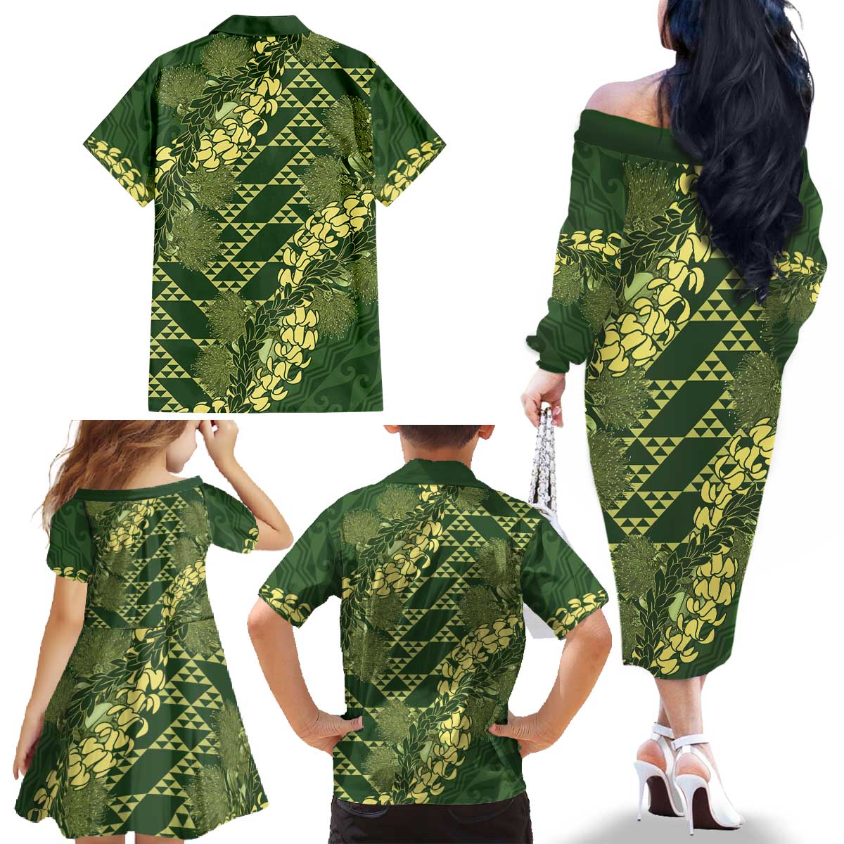 Green Aloha Hawaii Family Matching Off The Shoulder Long Sleeve Dress and Hawaiian Shirt Hawaiian Kakau Ohia Lehua Lei - Polynesian Pride