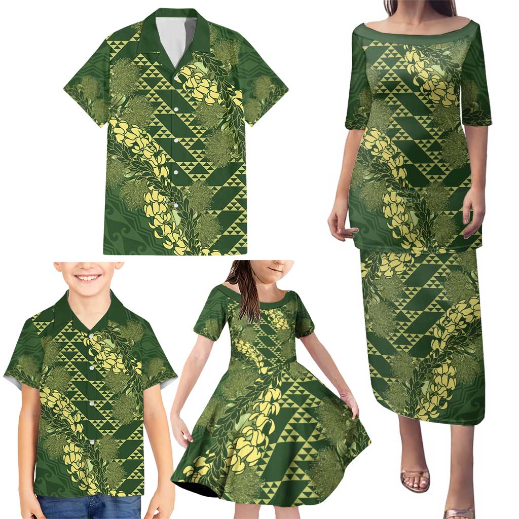 Green Aloha Hawaii Family Matching Puletasi and Hawaiian Shirt Hawaiian Kakau Ohia Lehua Lei LT14 - Polynesian Pride