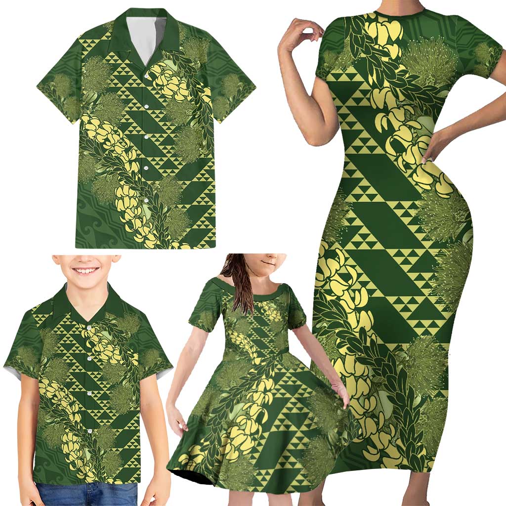 Green Aloha Hawaii Family Matching Short Sleeve Bodycon Dress and Hawaiian Shirt Hawaiian Kakau Ohia Lehua Lei - Polynesian Pride