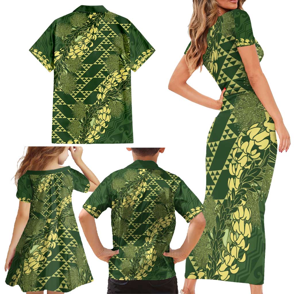 Green Aloha Hawaii Family Matching Short Sleeve Bodycon Dress and Hawaiian Shirt Hawaiian Kakau Ohia Lehua Lei - Polynesian Pride
